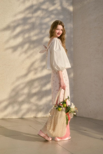 Floral Puff-Sleeve Blouse Skirt Set
