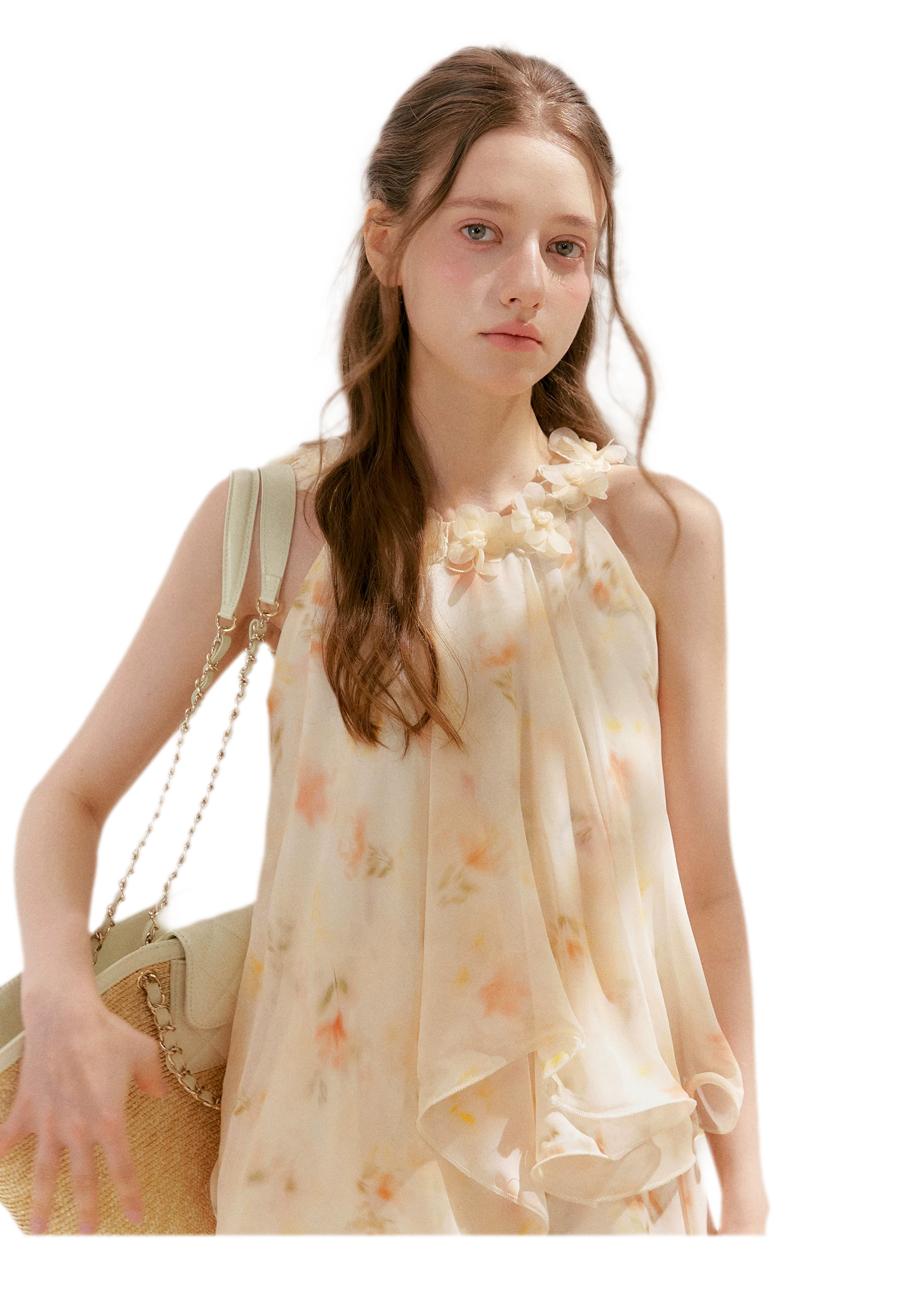 Chiffon Floral Halter Long Dress