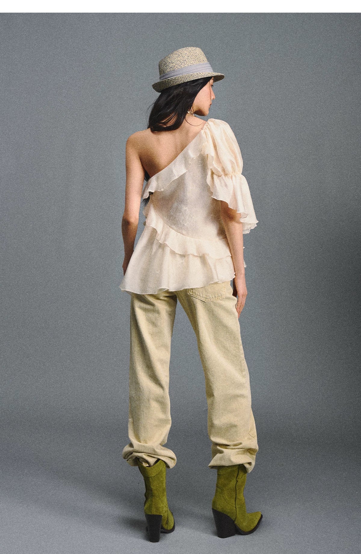 Vintage Romantic Lace Ruffled Asymmetric Top