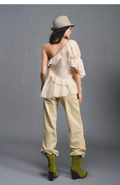 Vintage Romantic Lace Ruffled Asymmetric Top