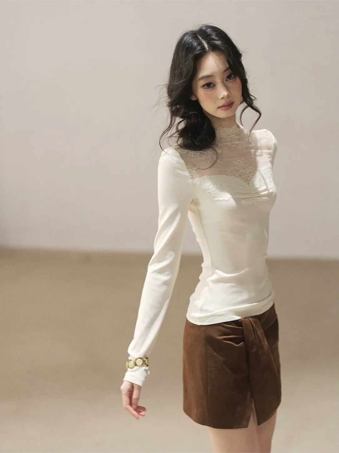 Sheer Lace Mock Neck Top