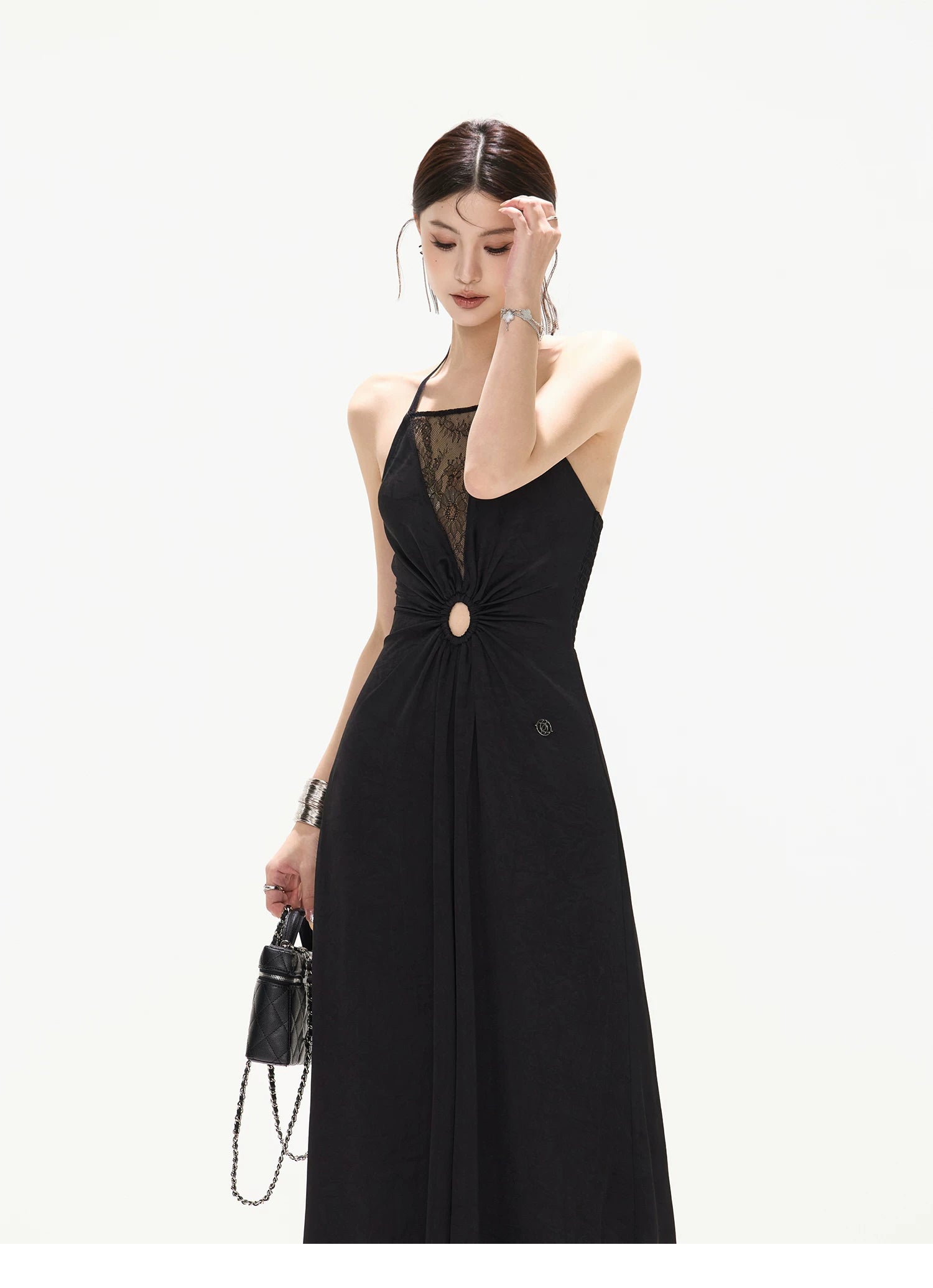 Mesh Lace Deep V Halter Dress with Satin