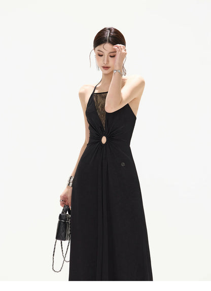 Mesh Lace Deep V Halter Dress with Satin