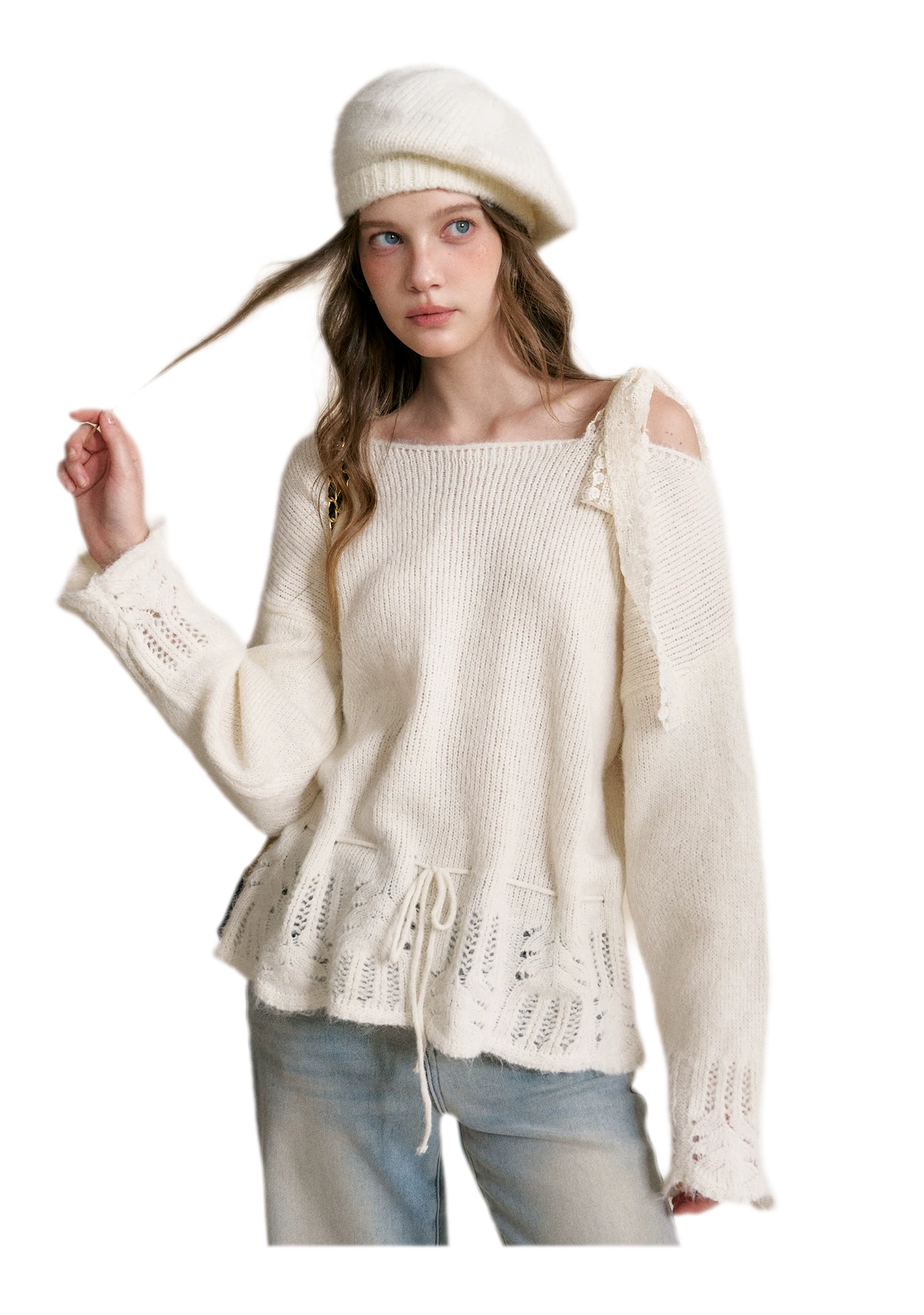 Lace Drawstring Off-Shoulder Sweater