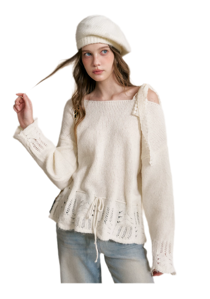Lace Drawstring Off-Shoulder Sweater
