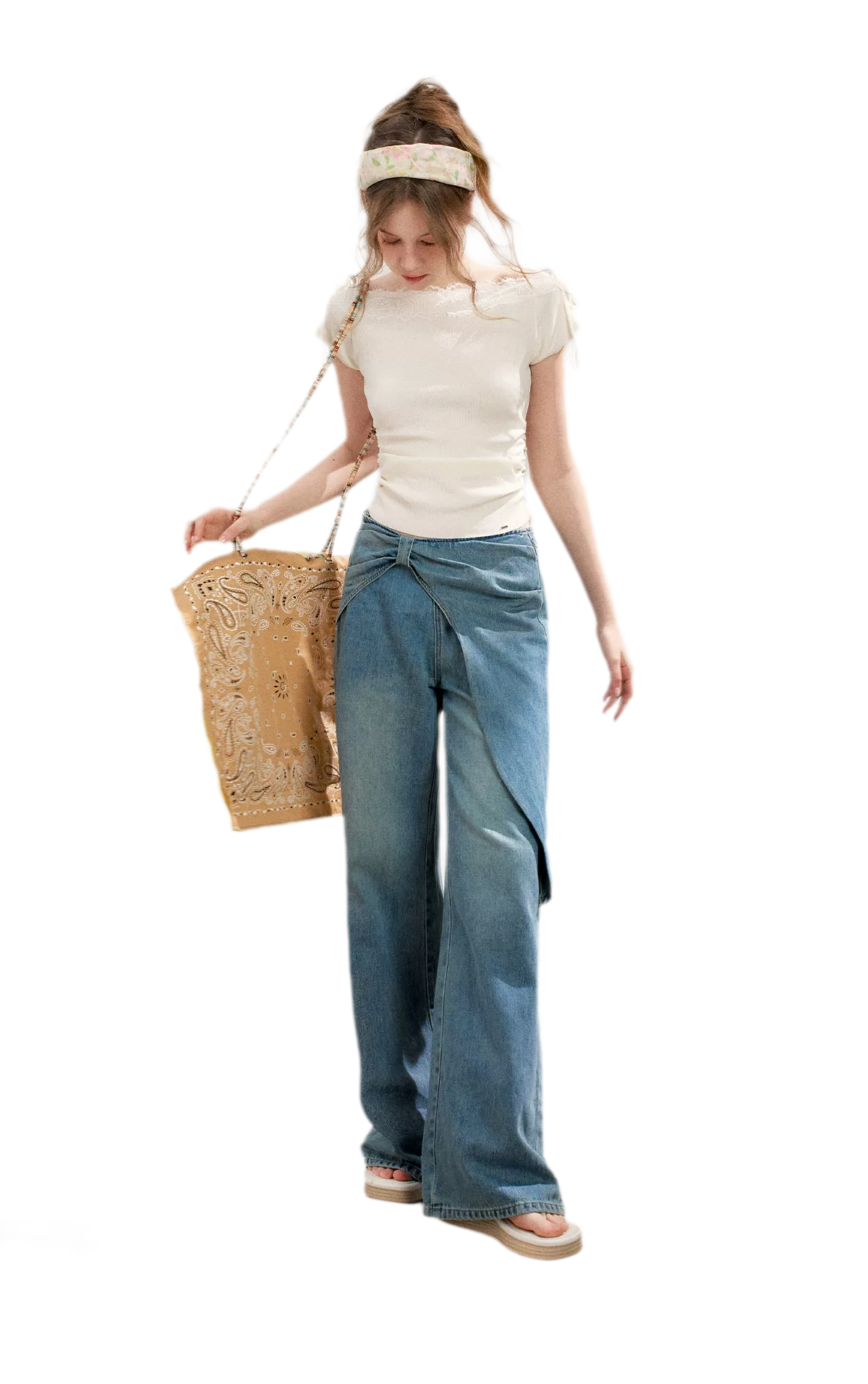 Lace Trim Off-Shoulder Knit Top &amp; Denim Pants