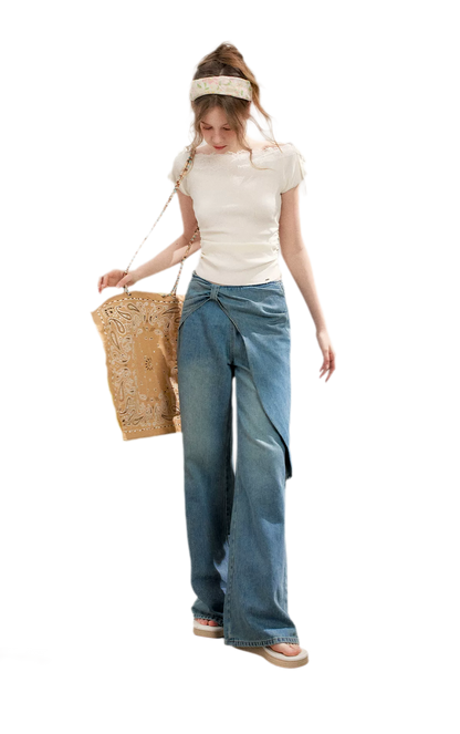 Lace Trim Off-Shoulder Knit Top &amp; Denim Pants