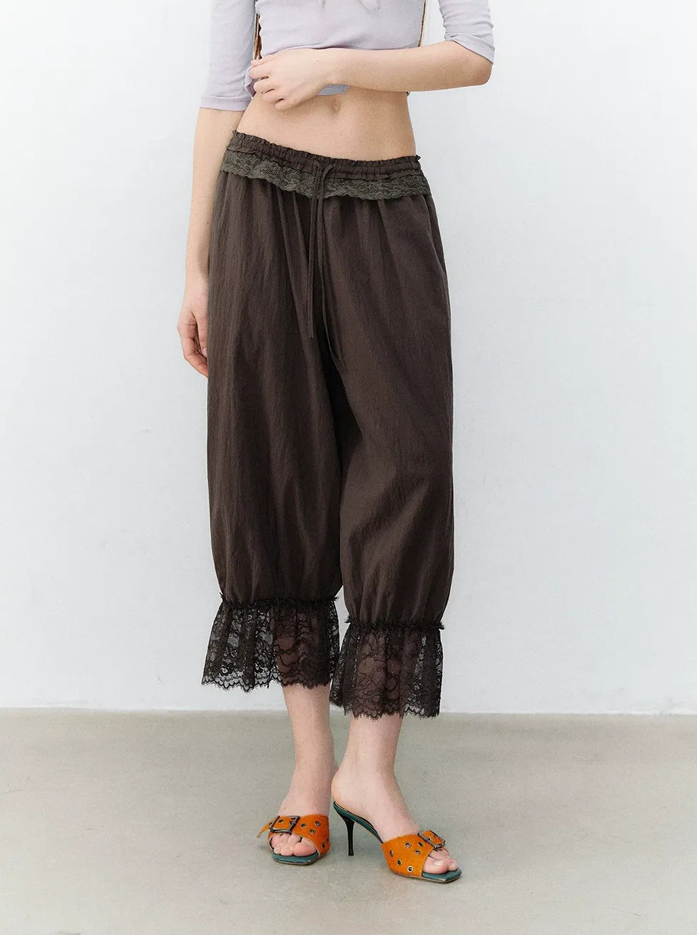 Relaxed Fit Tencel Lace Patchwork Wide Leg Pants
