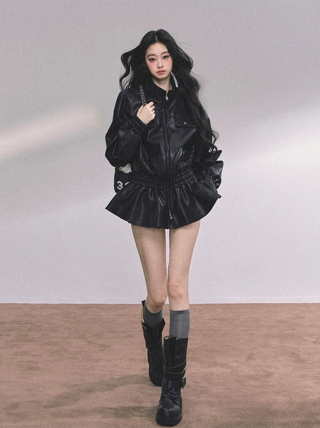 Faux Leather Stand Collar Jacket
