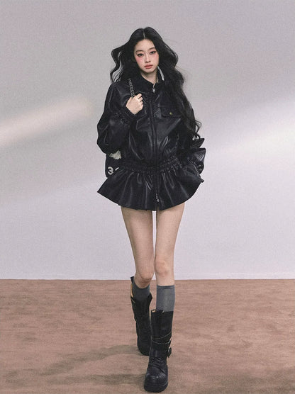 Faux Leather Stand Collar Jacket