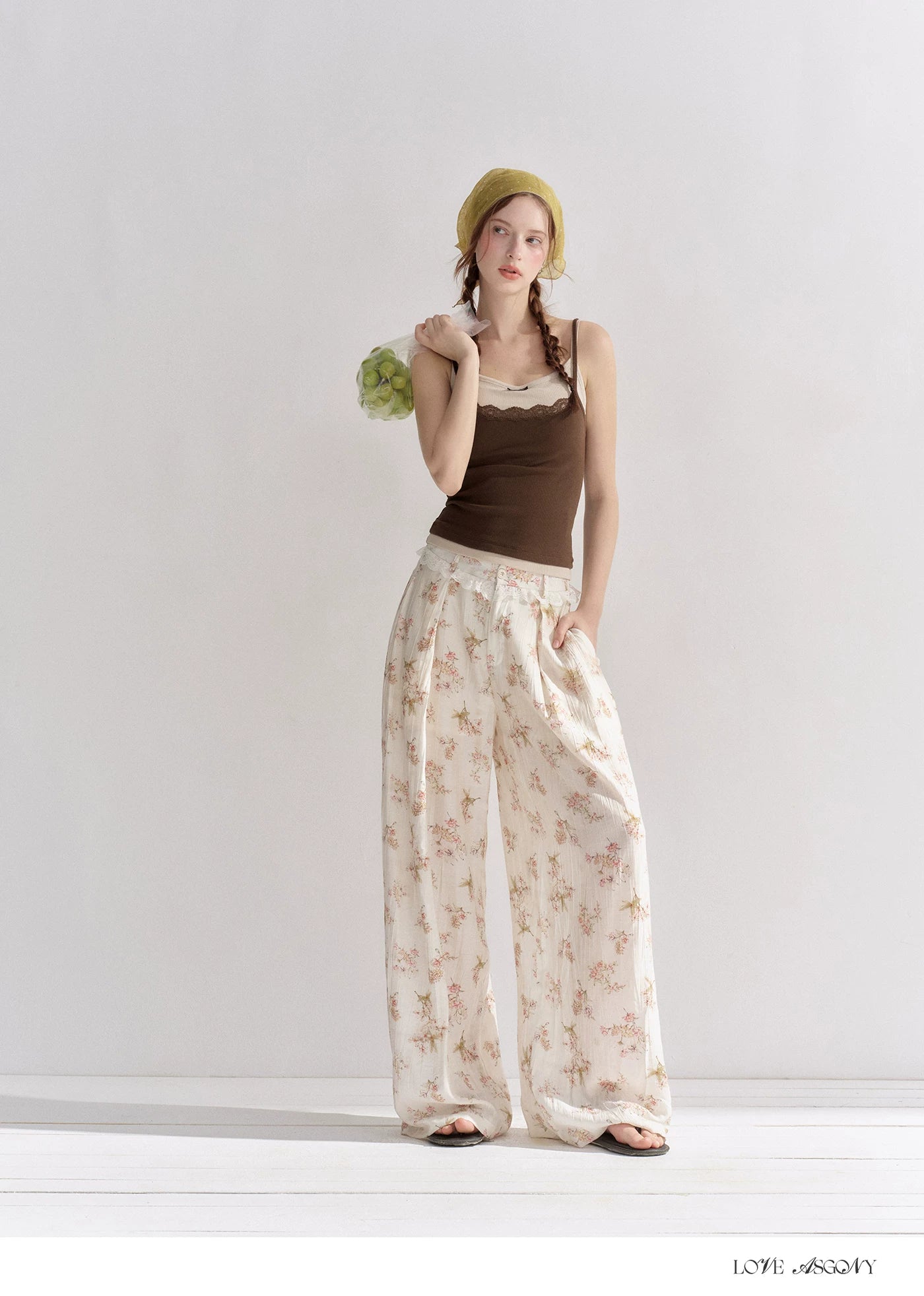 Lightweight Printed Wide-Leg Pants with Lace Waistband