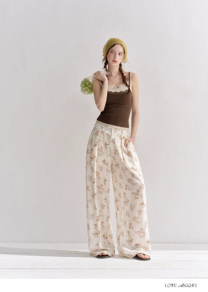 Lightweight Printed Wide-Leg Pants with Lace Waistband