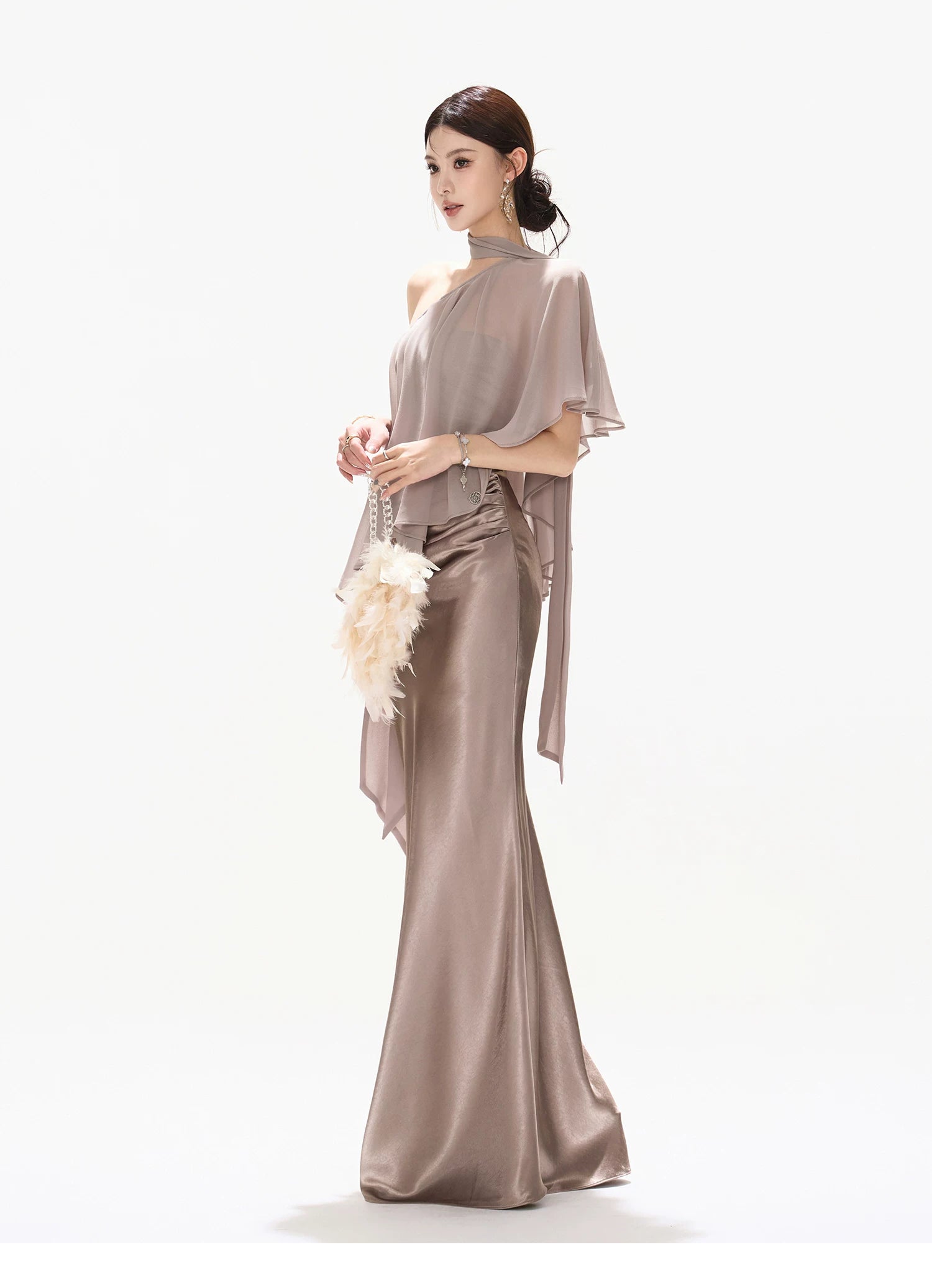Elegant Asymmetric Chiffon Shawl Top with Built-in Bustier