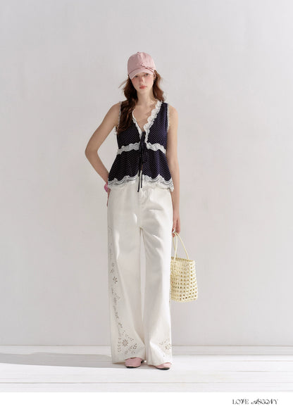 V-Neck Lace Polka Dot Waist-Defined Sleeveless Top