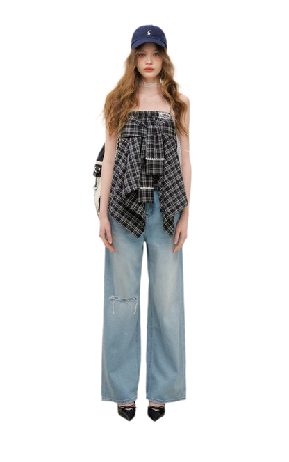 Asymmetric Lace Patchwork Plaid Skirt/Top