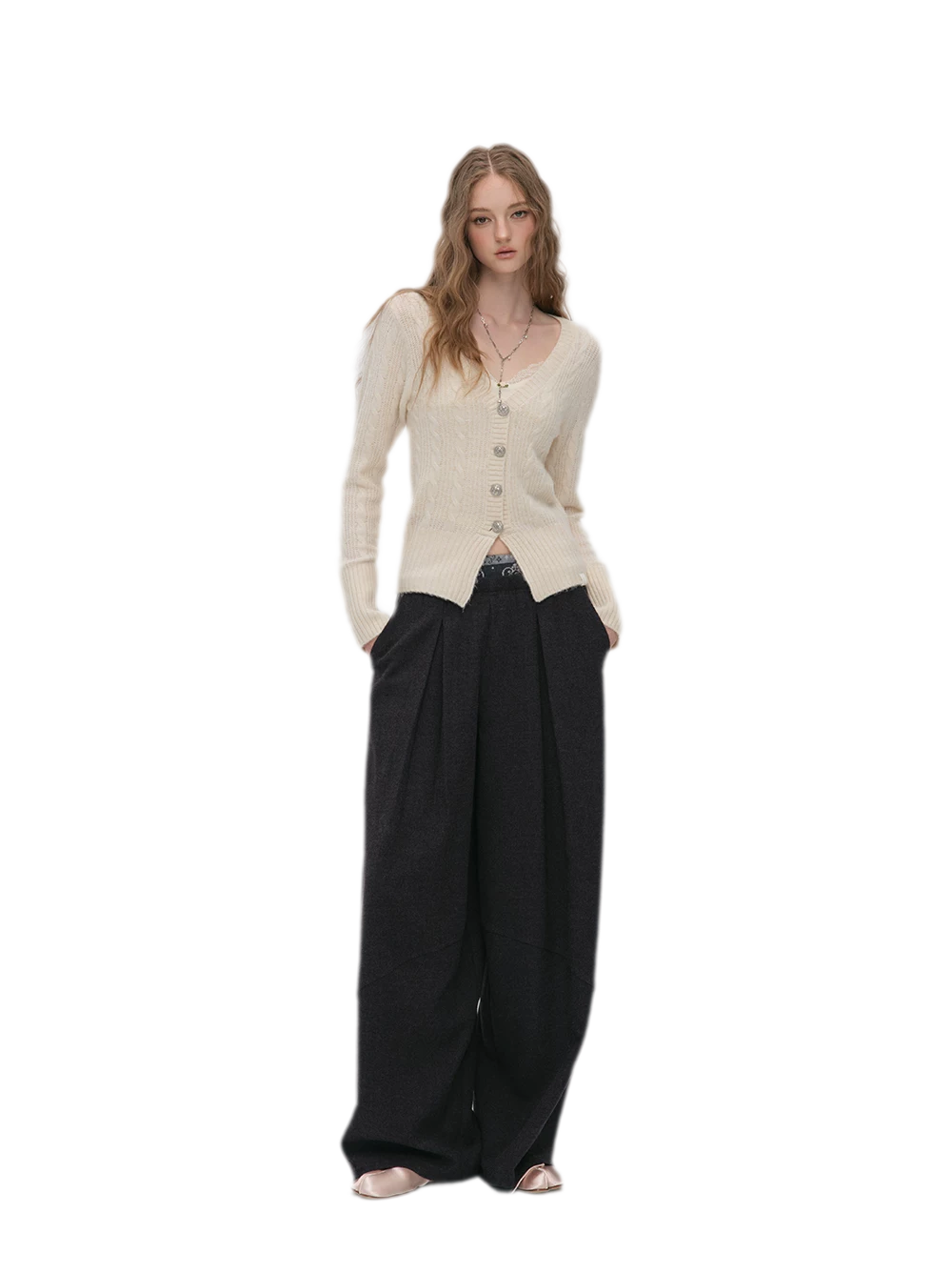 Pleated Contrast Wide-Leg Trousers