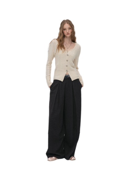 Pleated Contrast Wide-Leg Trousers