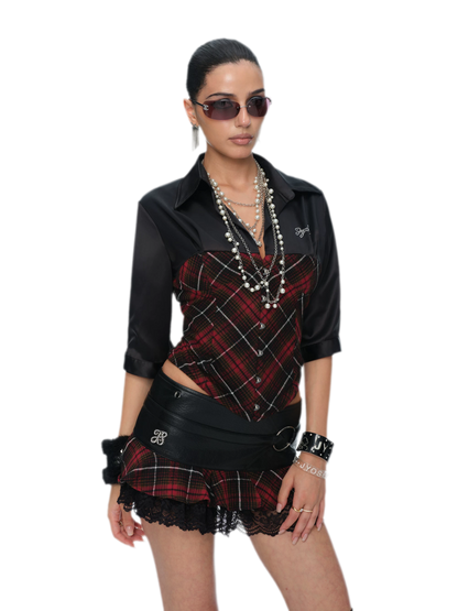 Chân váy mini kẻ caro ren PU