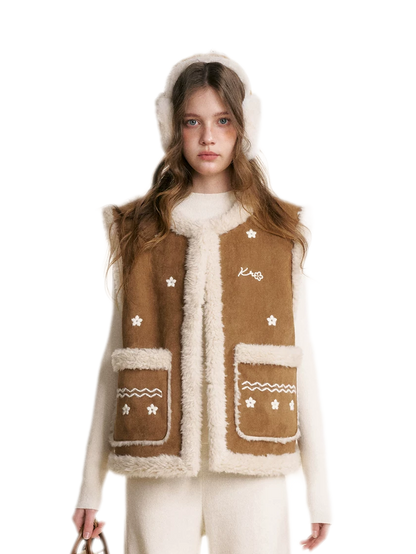 Shearling Floral Embroidered Vest