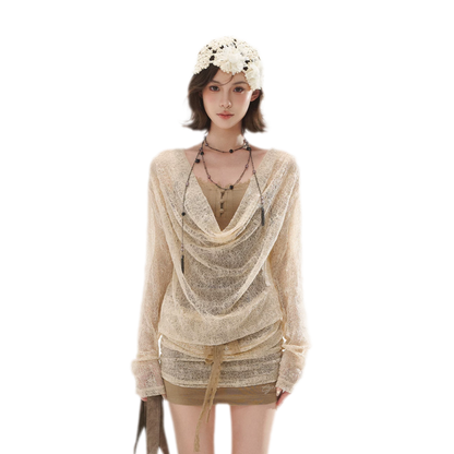 Draped Lace Faux-Two-Piece Dress