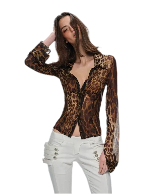 Leopard Fitted Sheer Long-Sleeve Shirt