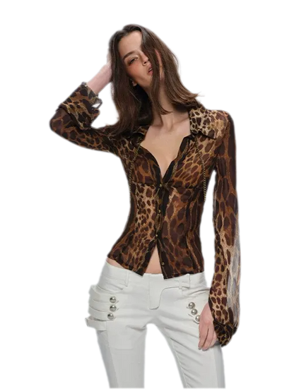 Leopard Fitted Sheer Long-Sleeve Shirt