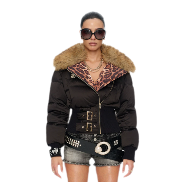 Luipaardprint donsjack met getailleerde taille