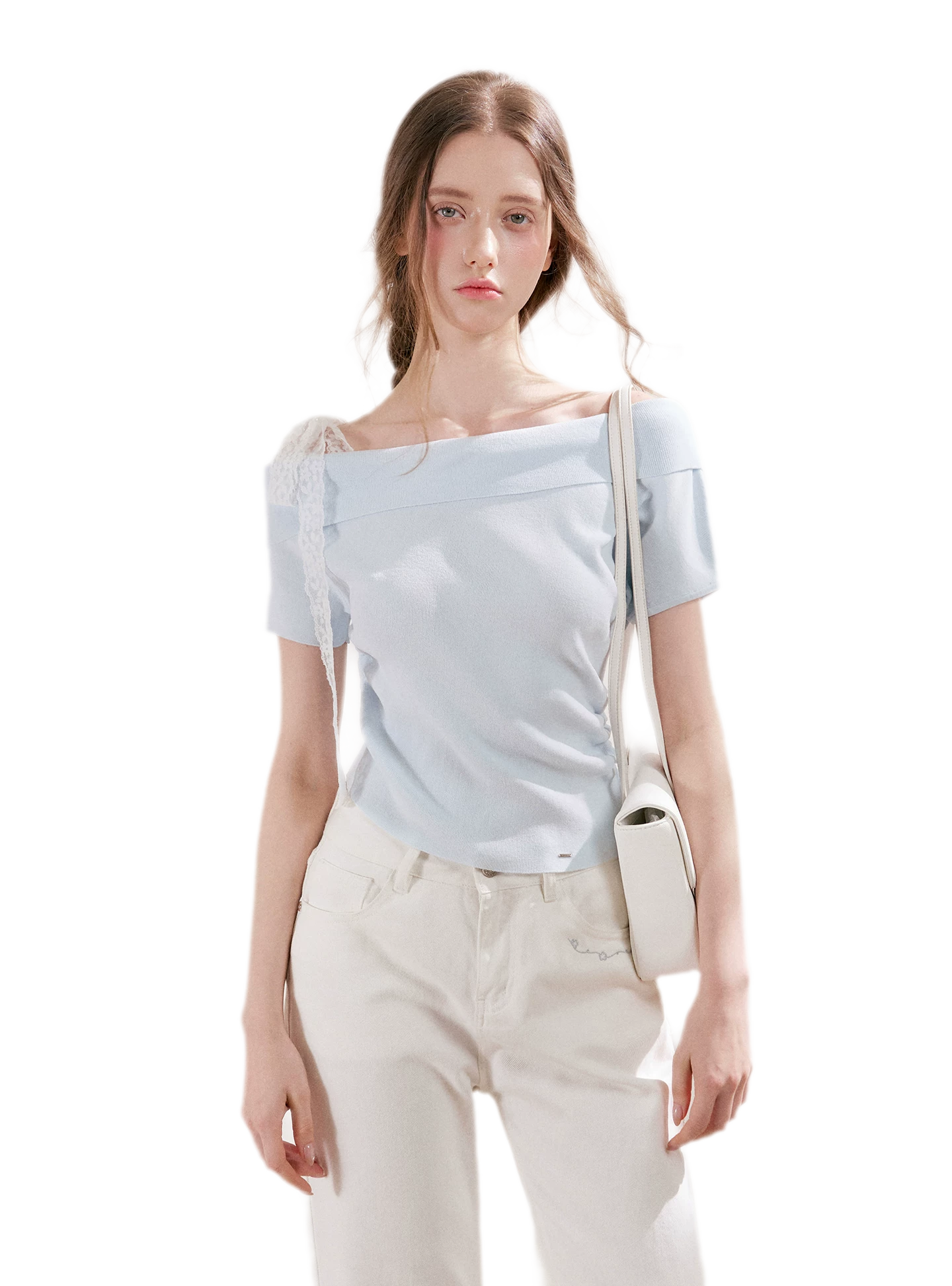 Lace Trim Ruched Knit Top
