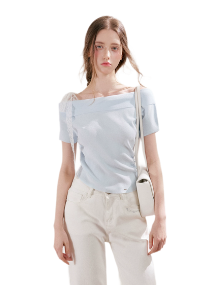 Lace Trim Ruched Knit Top
