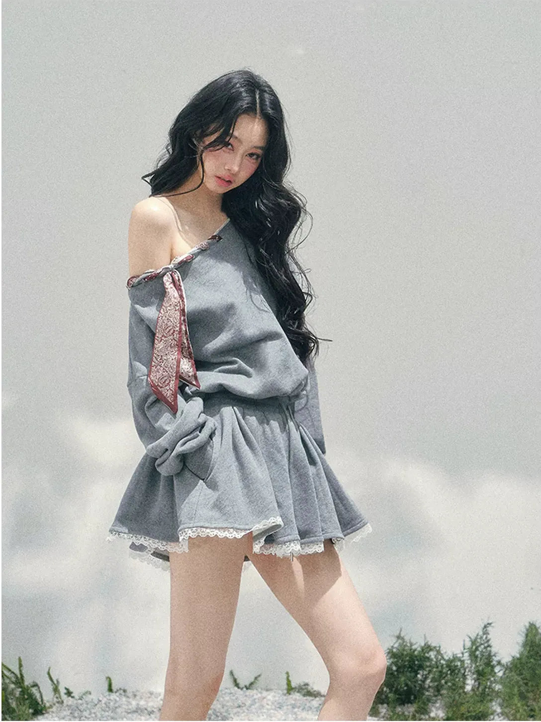 Lace Off-Shoulder Sweatshirt Dress