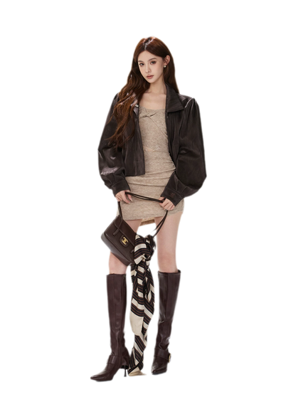 Veste courte froncée en cuir PU