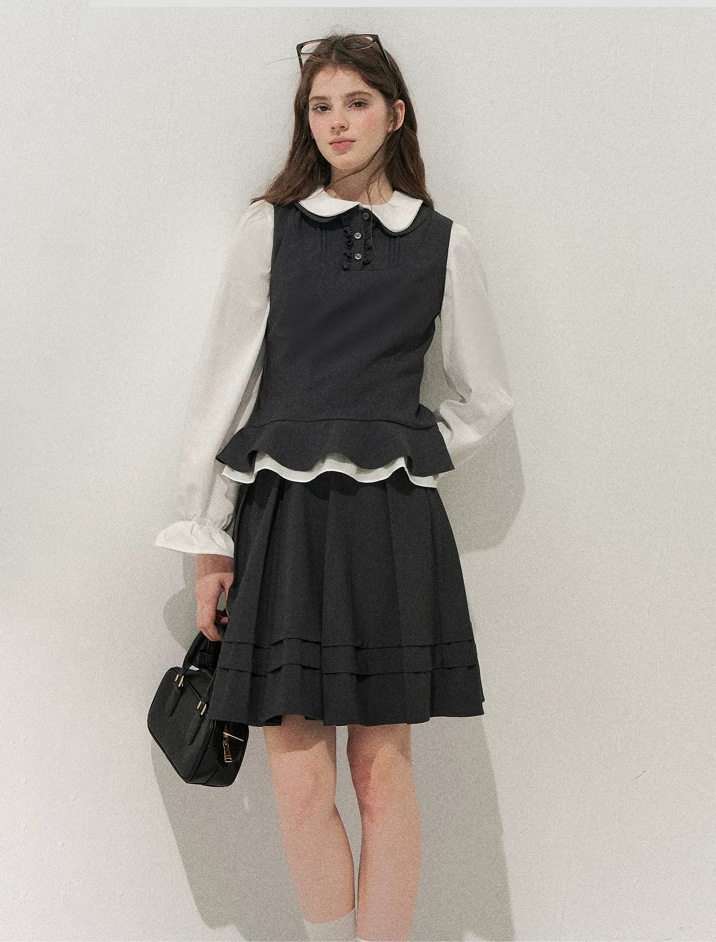 Textured Pleated Vest Skirt Set