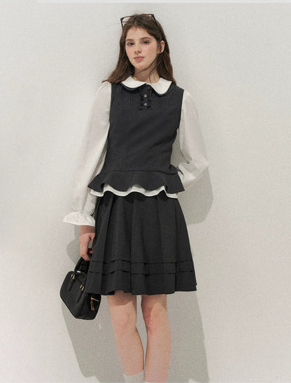 Textured Pleated Vest Skirt Set