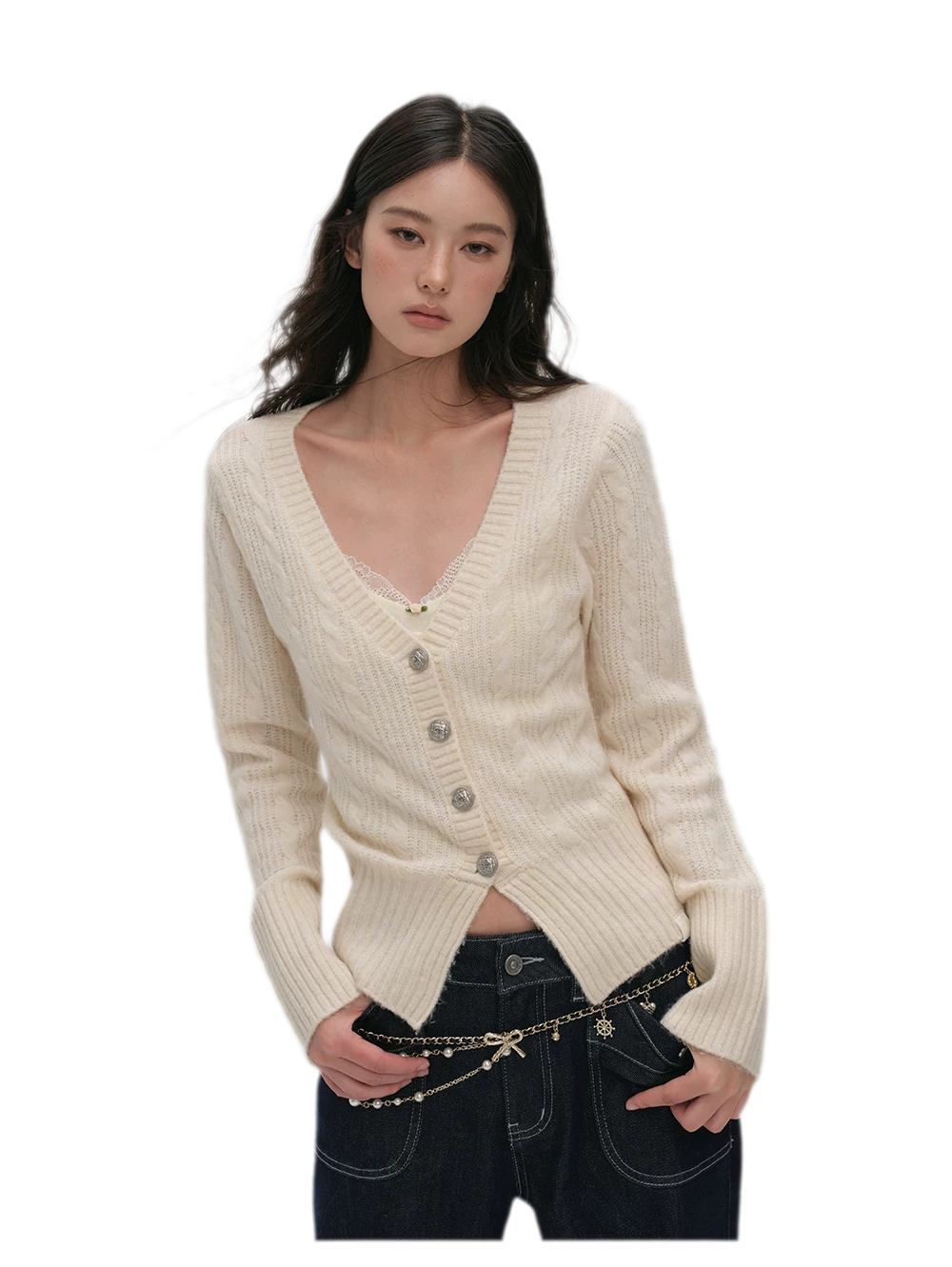 Brushed Cable-Knit Fitted Cardigan