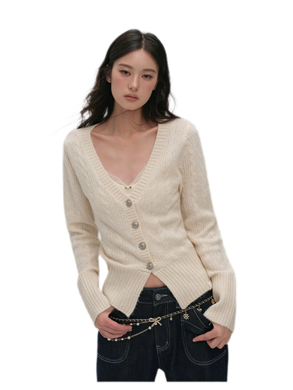 Brushed Cable-Knit Fitted Cardigan