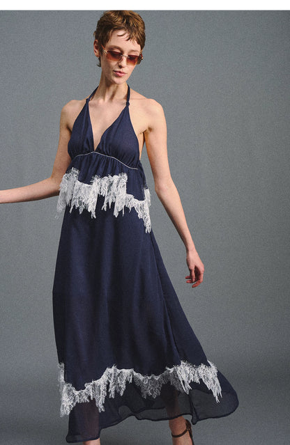 Deep V Halter Maxi Dress in Serene Blue