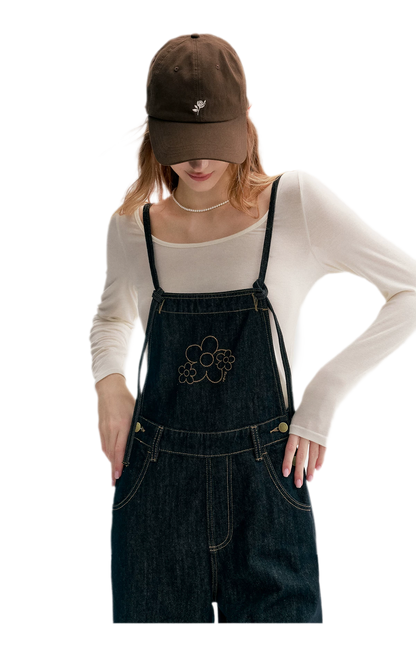 Contrast Floral Denim Overalls