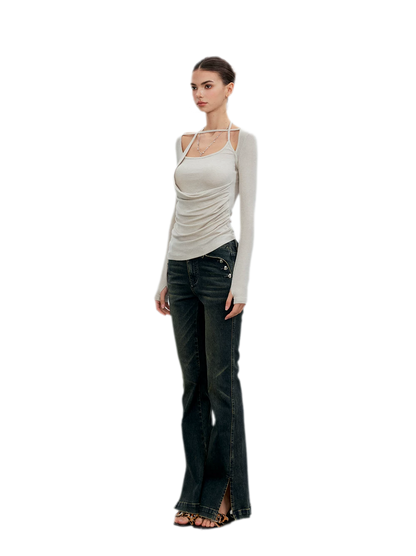 Washed Slit Flare Jeans