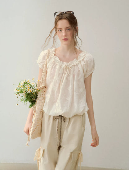 Embroidered Ruffle Blouse