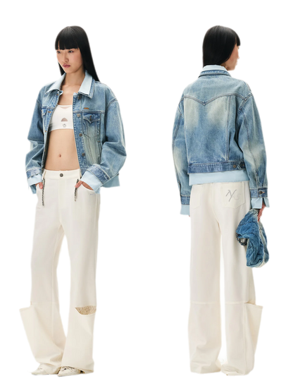 Washed Deconstructed Cropped Denim Jacket