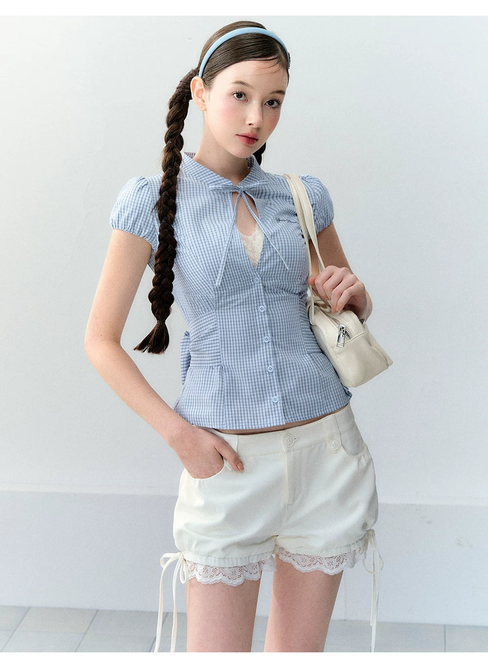 Retro Plaid Tie-Waist Hollow Waist Shirt