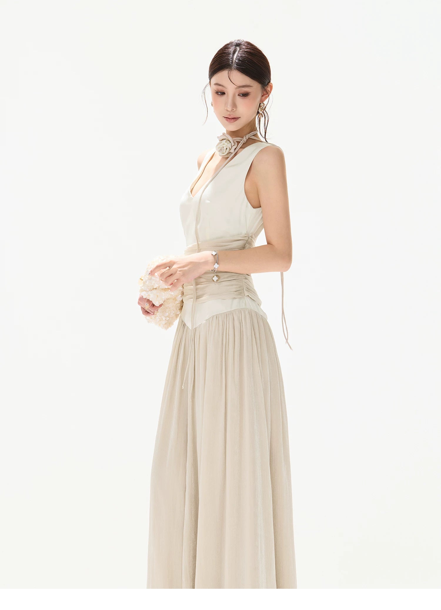 French Style Colorblock Pleated Satin V-Neck Dress