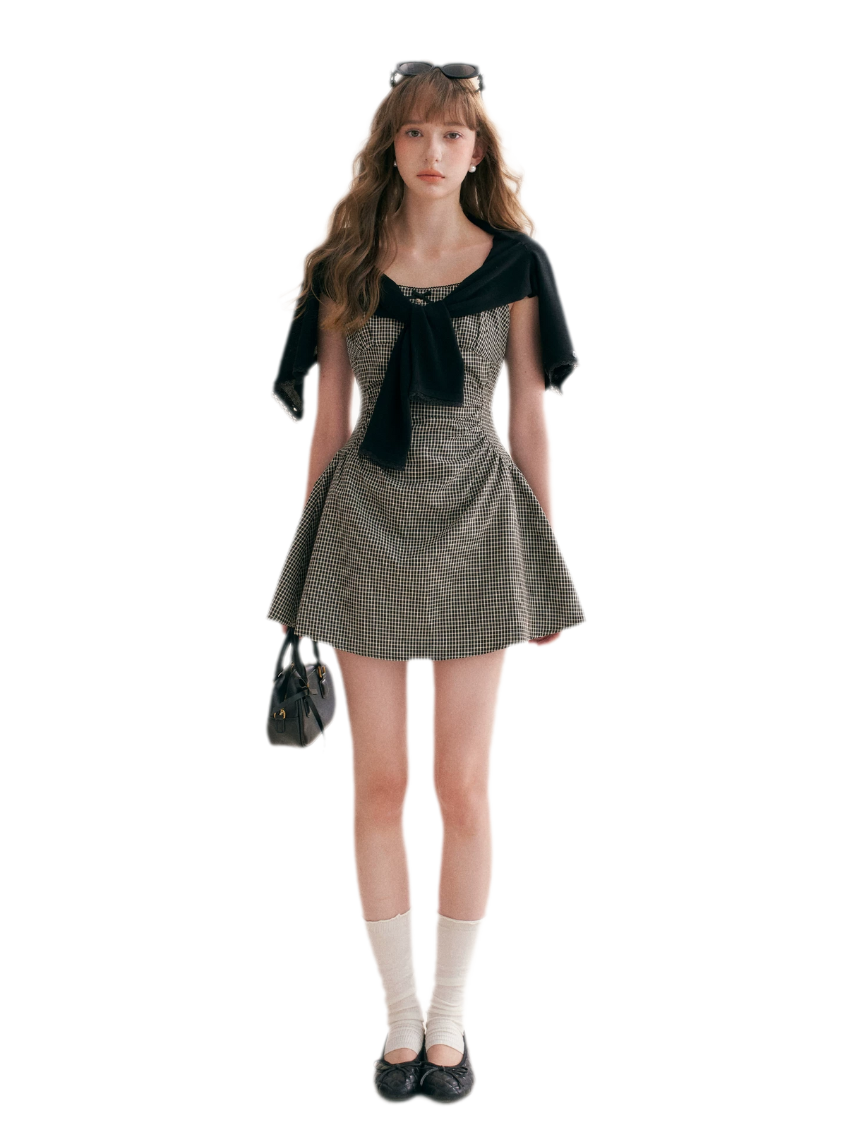 Hand-Pleated Ruffle Check Dress