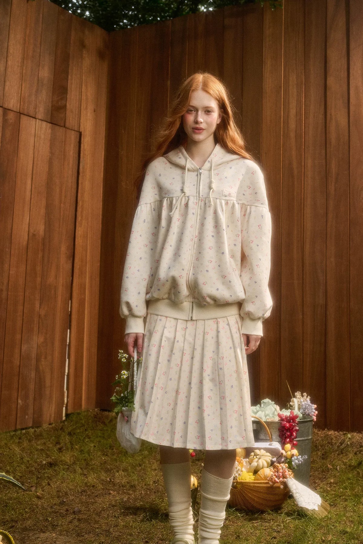 Printed Hooded Sweatshirt Pleated Skirt