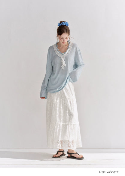 Lace Trim Elastic Waist A-line Long Skirt