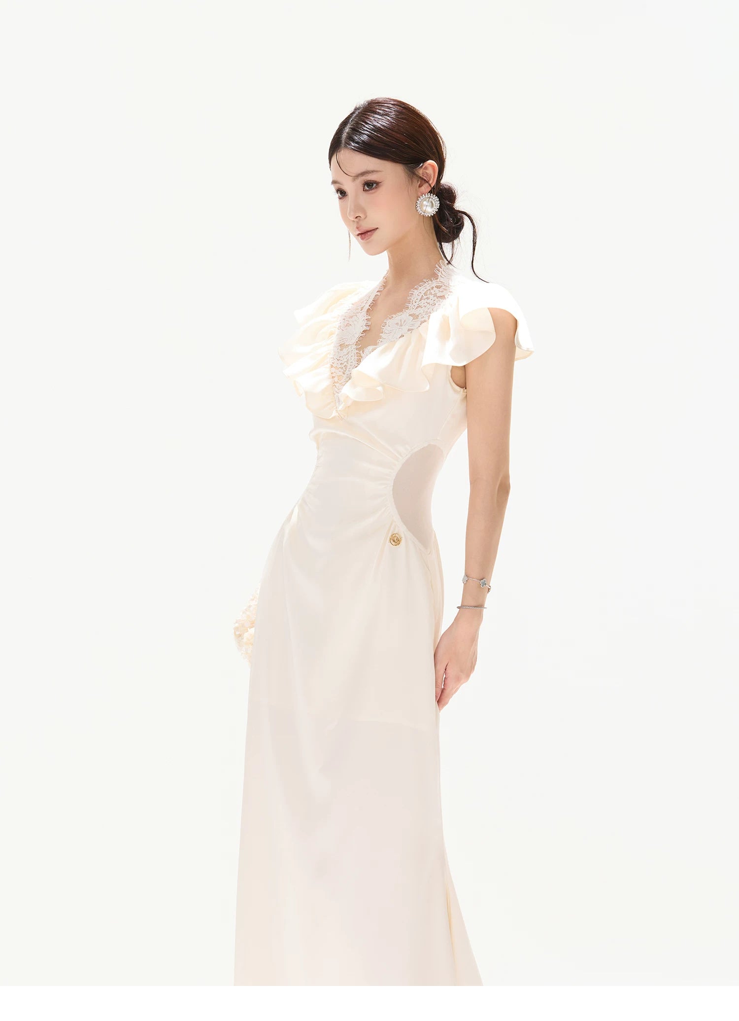 Vintage Ruffled Lace Waist-Cut Long Dress