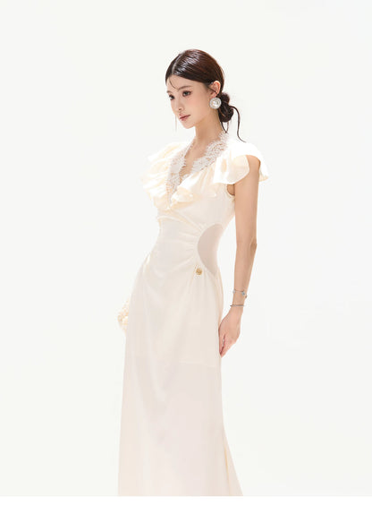 Vintage Ruffled Lace Waist-Cut Long Dress