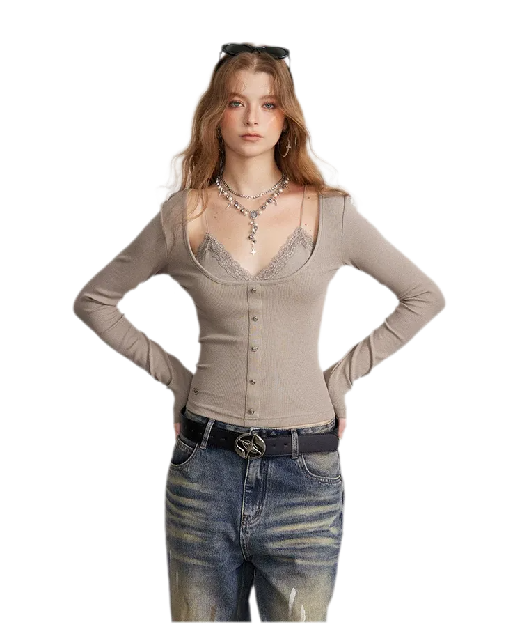 Ribbed Lace Splice T-Shirt