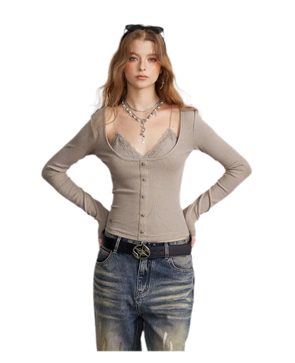 Ribbed Lace Splice T-Shirt