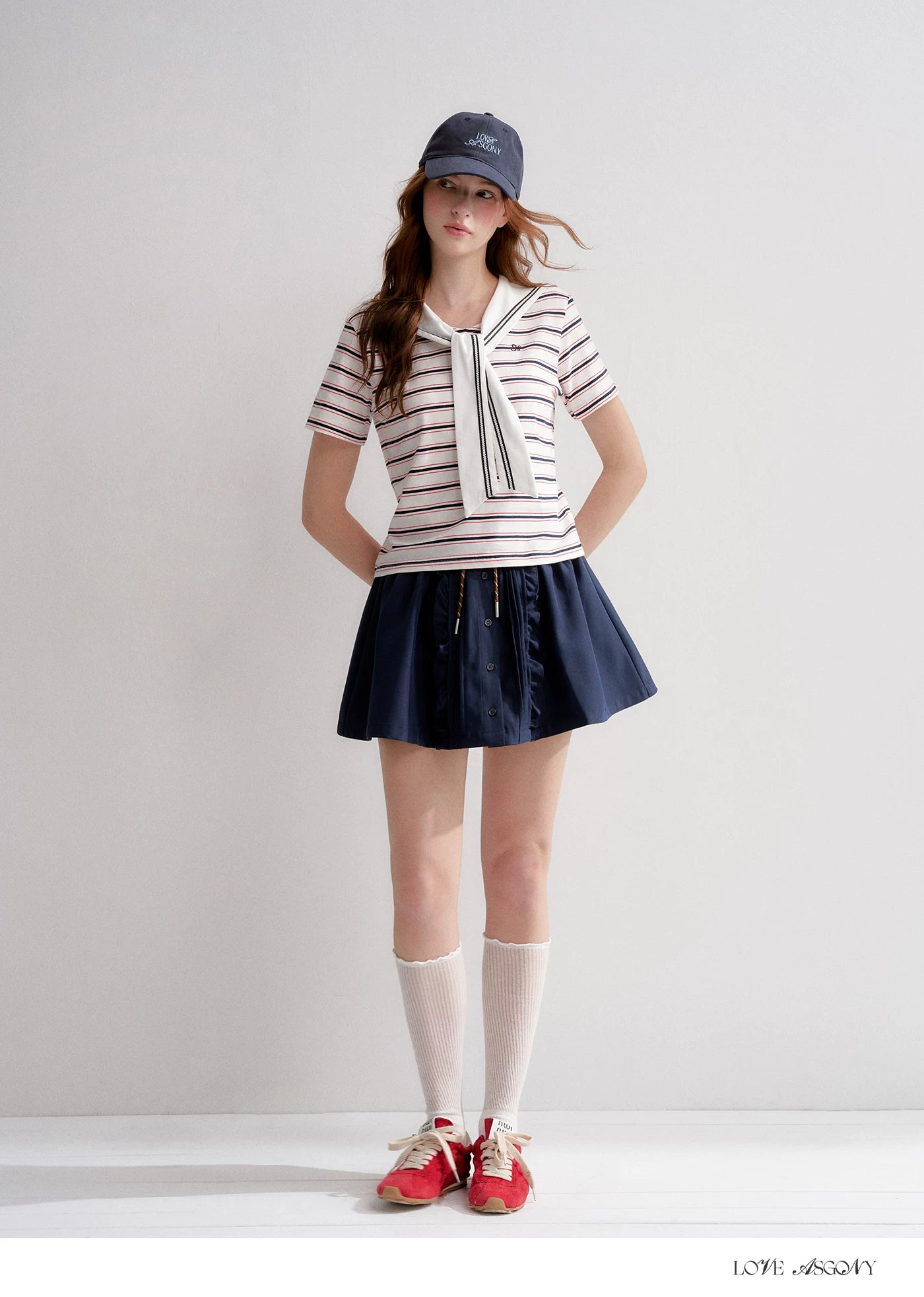 Navy Sailor Collar Tie-Striped Short T-shirt